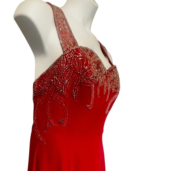 Jovani Red Beaded Crisscross Back Straps Maxi Long Evening Gown Size 10 Dress - Picture 5 of 16